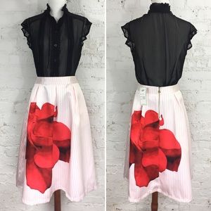 Satin Stripe Rose Graphic Midi Skirt